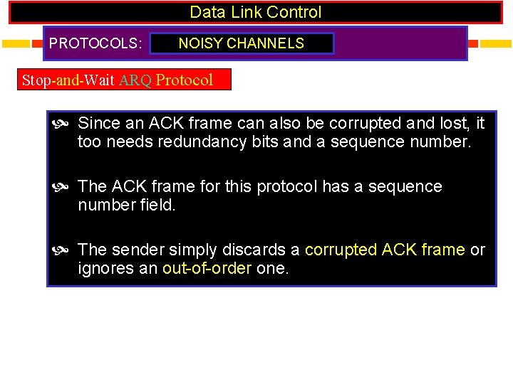 Data Link Control PROTOCOLS: NOISY CHANNELS Stop-and-Wait ARQ Protocol Since an ACK frame can