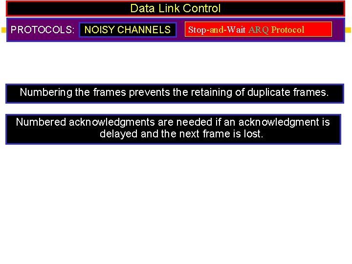 Data Link Control PROTOCOLS: NOISY CHANNELS Stop-and-Wait ARQ Protocol Numbering the frames prevents the