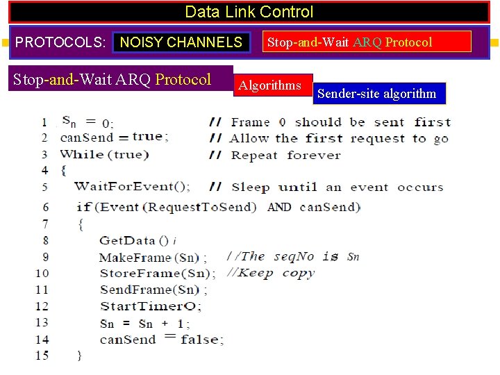 Data Link Control PROTOCOLS: NOISY CHANNELS Stop-and-Wait ARQ Protocol Algorithms Sender-site algorithm 