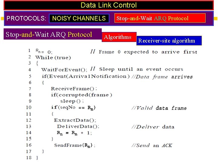 Data Link Control PROTOCOLS: NOISY CHANNELS Stop-and-Wait ARQ Protocol Algorithms Receiver-site algorithm 