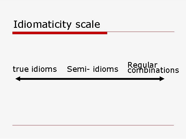 Idiomaticity scale true idioms Semi- idioms Regular combinations 