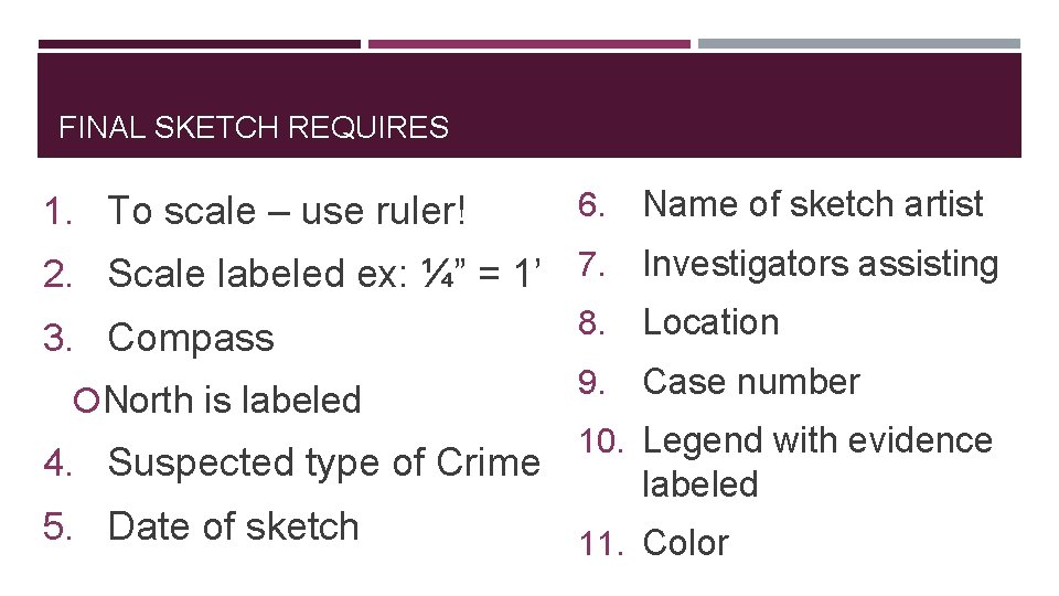 FINAL SKETCH REQUIRES 1. To scale – use ruler! 6. Name of sketch artist