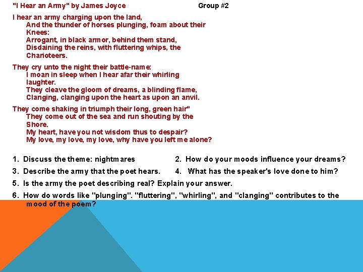 "I Hear an Army" by James Joyce Group #2 I hear an army charging "I Hear an Army" by James Joyce Group #2 I hear an army charging