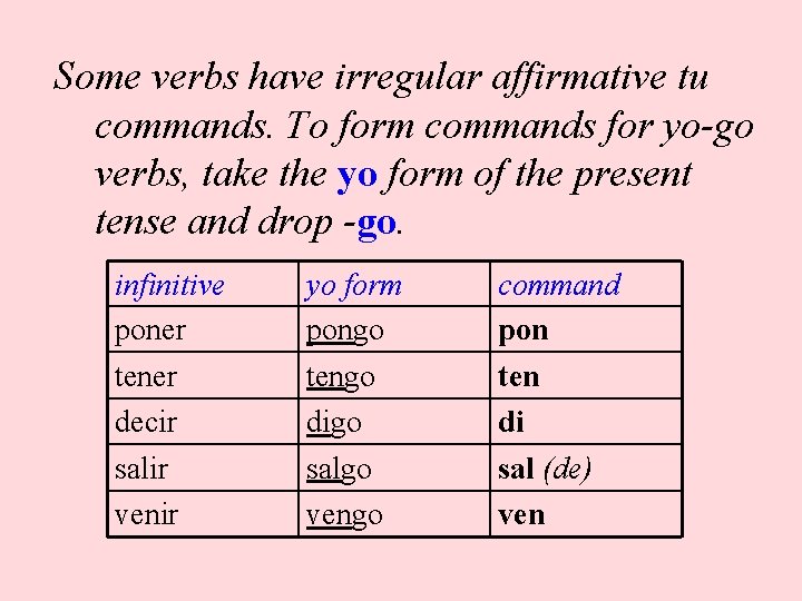 Some verbs have irregular affirmative tu commands. To form commands for yo-go verbs, take