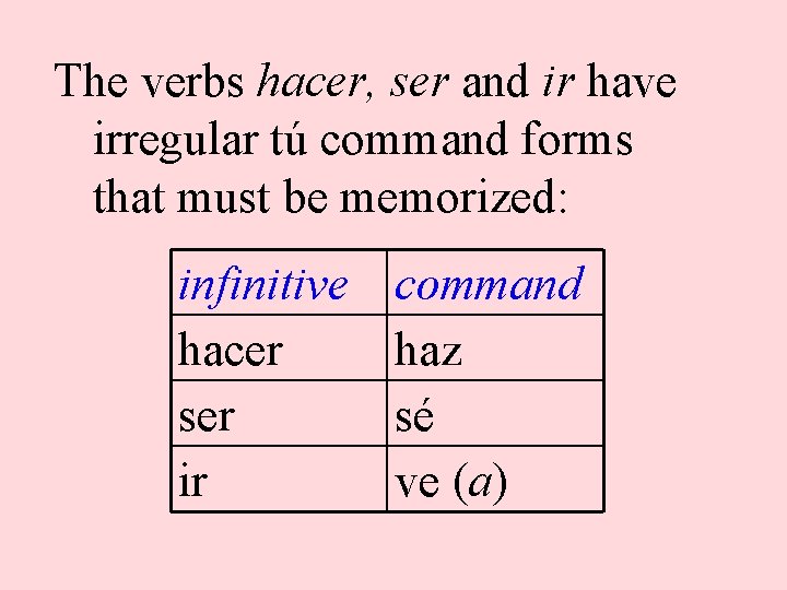 The verbs hacer, ser and ir have irregular tú command forms that must be