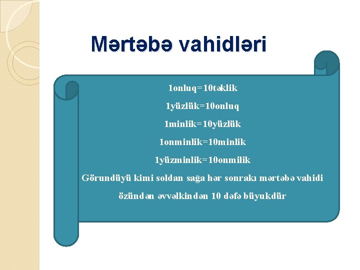 Mərtəbə vahidləri 1 onluq=10 təklik 1 yüzlük=10 onluq 1 minlik=10 yüzlük 1 onminlik=10 minlik