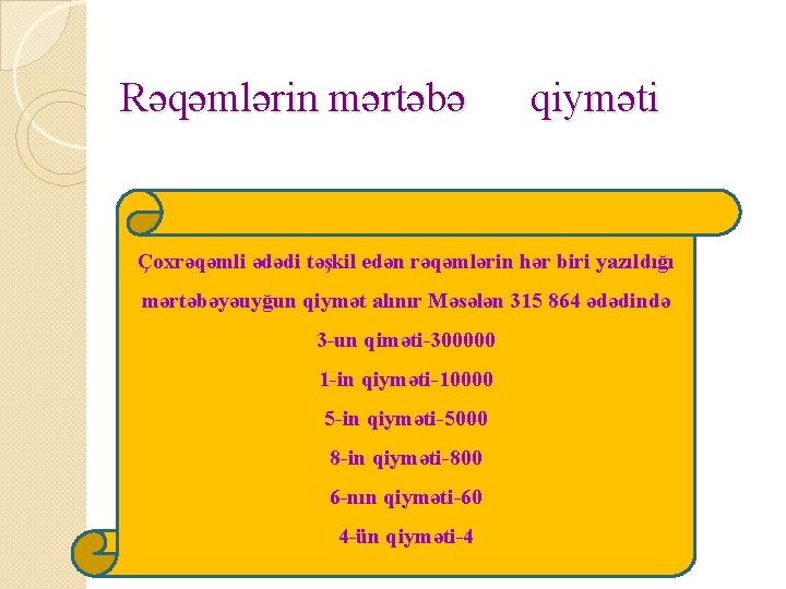 Rəqəmlərin mərtəbə qiyməti Çoxrəqəmli ədədi təşkil edən rəqəmlərin hər biri yazıldığı mərtəbəyəuyğun qiymət alınır