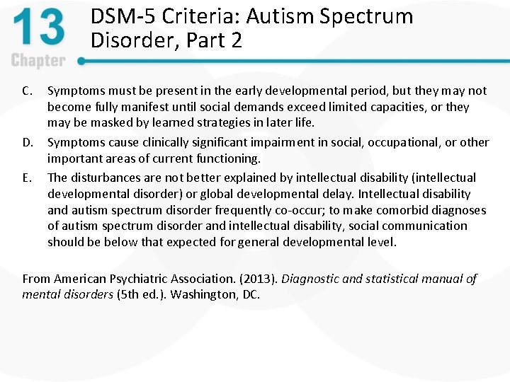 DSM-5 Criteria: Autism Spectrum Disorder, Part 2 C. D. E. Symptoms must be present