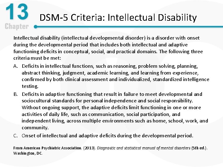 DSM-5 Criteria: Intellectual Disability Intellectual disability (intellectual developmental disorder) is a disorder with onset