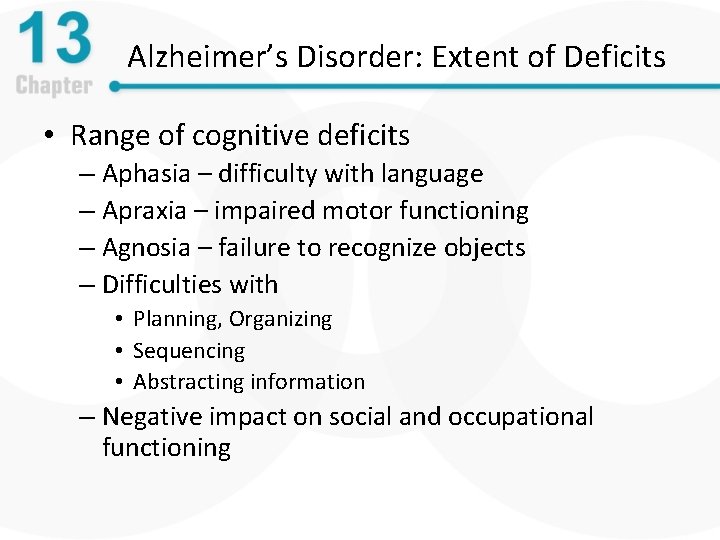 Alzheimer’s Disorder: Extent of Deficits • Range of cognitive deficits – Aphasia – difficulty