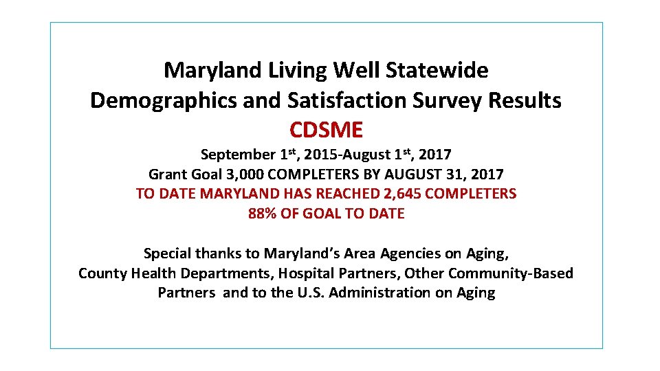 Maryland Living Well Statewide Demographics and Satisfaction Survey Results CDSME September 1 st, 2015