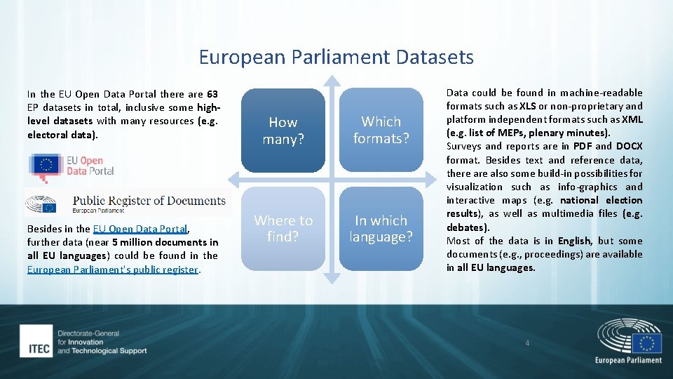 European Parliament Datasets In the EU Open Data Portal there are 63 EP datasets European Parliament Datasets In the EU Open Data Portal there are 63 EP datasets