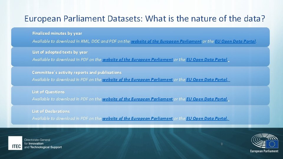 European Parliament Datasets: What is the nature of the data? Finalized minutes by year European Parliament Datasets: What is the nature of the data? Finalized minutes by year