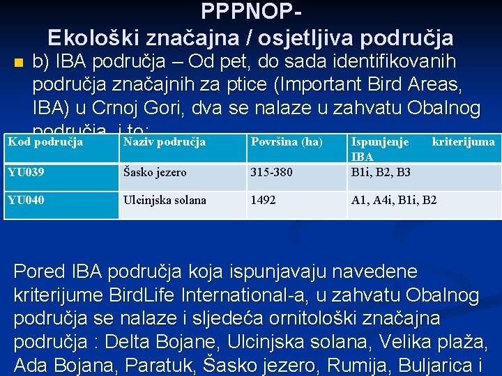 PPPNOPEkološki značajna / osjetljiva područja b) IBA područja – Od pet, do sada identifikovanih