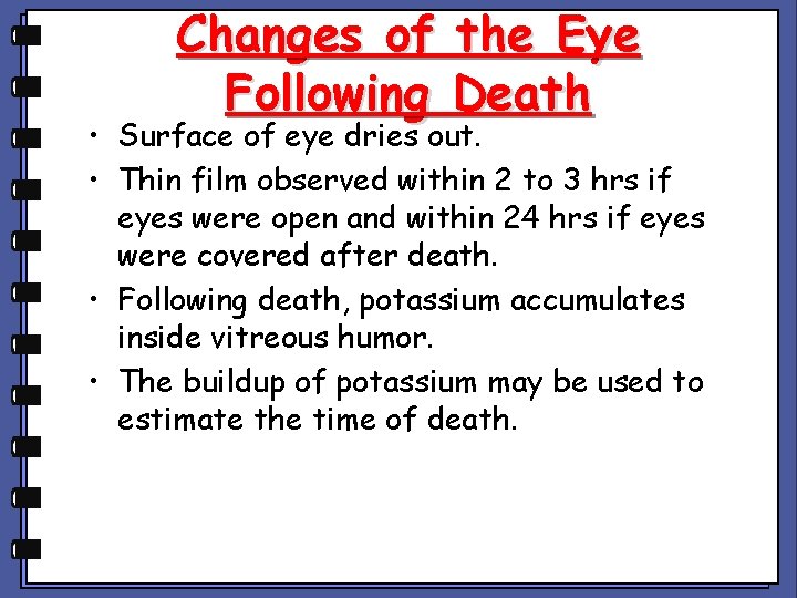 Changes of the Eye Following Death • Surface of eye dries out. • Thin