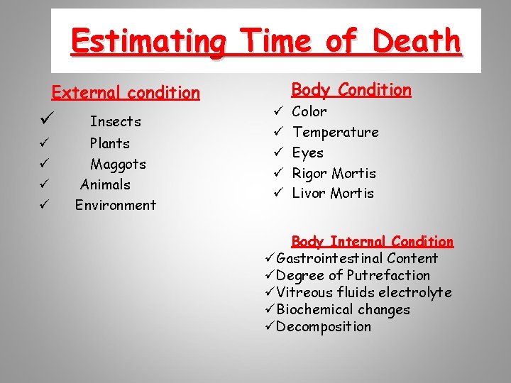 Estimating Time of Death Body Condition External condition ü Insects ü ü Plants Maggots