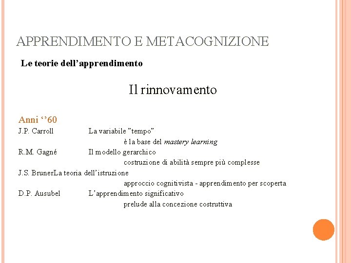 APPRENDIMENTO E METACOGNIZIONE Le teorie dell’apprendimento Il rinnovamento Anni ‘’ 60 J. P. Carroll