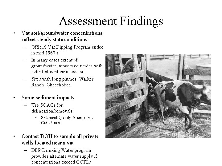 Assessment Findings • Vat soil/groundwater concentrations reflect steady state conditions – Official Vat Dipping