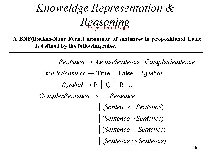 Knoweldge Representation & Reasoning Propositional Logic A BNF(Backus-Naur Form) grammar of sentences in propositional Knoweldge Representation & Reasoning Propositional Logic A BNF(Backus-Naur Form) grammar of sentences in propositional
