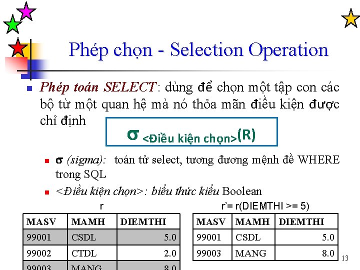 Phép chọn - Selection Operation n Phép toán SELECT: dùng để chọn một tập