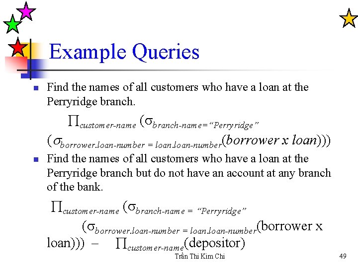 Example Queries n Find the names of all customers who have a loan at
