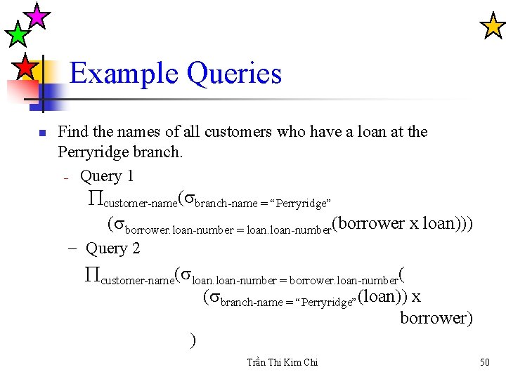 Example Queries n Find the names of all customers who have a loan at