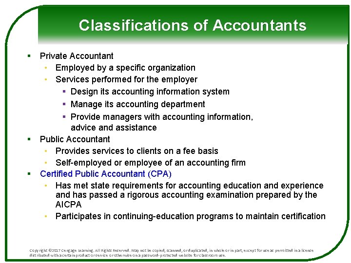 Classifications of Accountants § § § Private Accountant • Employed by a specific organization