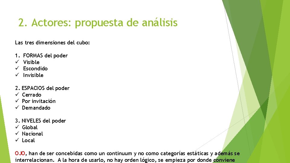 2. Actores: propuesta de análisis Las tres dimensiones del cubo: 1. ü ü ü