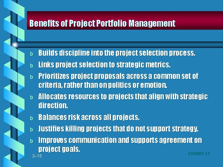 Benefits of Project Portfolio Management b Builds discipline into the project selection process. b Benefits of Project Portfolio Management b Builds discipline into the project selection process. b