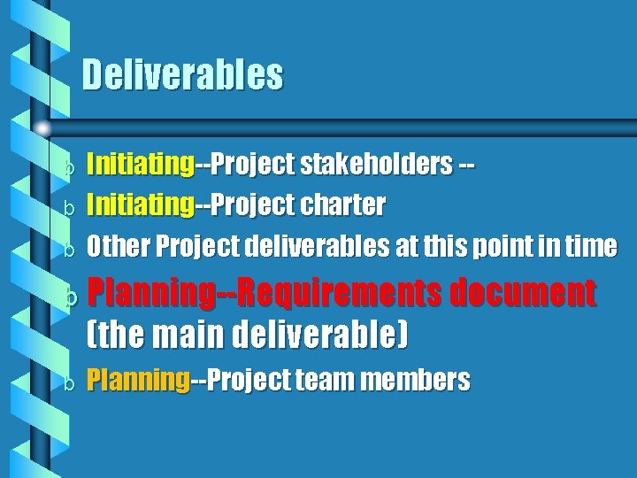 Deliverables b b b Initiating--Project stakeholders -Initiating--Project charter Other Project deliverables at this point Deliverables b b b Initiating--Project stakeholders -Initiating--Project charter Other Project deliverables at this point