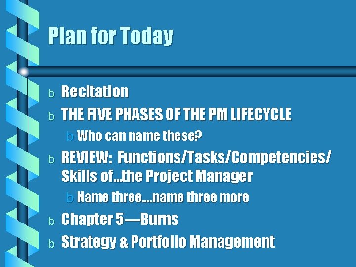 Plan for Today b b Recitation THE FIVE PHASES OF THE PM LIFECYCLE b Plan for Today b b Recitation THE FIVE PHASES OF THE PM LIFECYCLE b