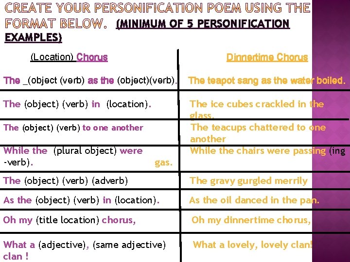 (MINIMUM OF 5 PERSONIFICATION EXAMPLES) (Location) Chorus Dinnertime Chorus The _(object (verb) as the