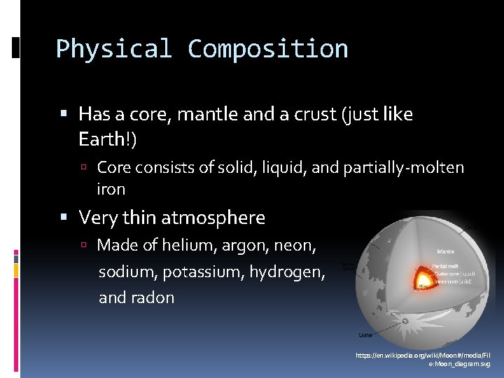 Physical Composition Has a core, mantle and a crust (just like Earth!) Core consists