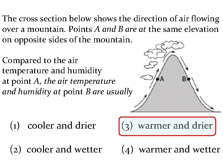 The cross section below shows the direction of air flowing over a mountain. Points