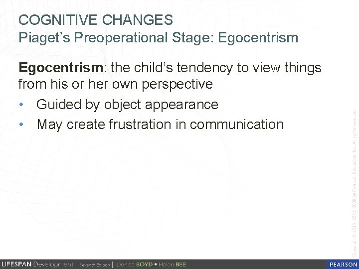 COGNITIVE CHANGES Piaget’s Preoperational Stage: Egocentrism: the child’s tendency to view things from his