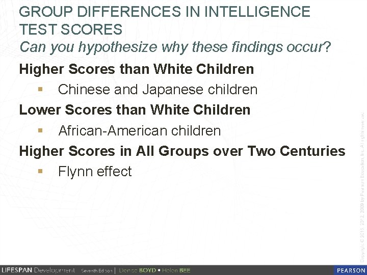 GROUP DIFFERENCES IN INTELLIGENCE TEST SCORES Can you hypothesize why these findings occur? Higher