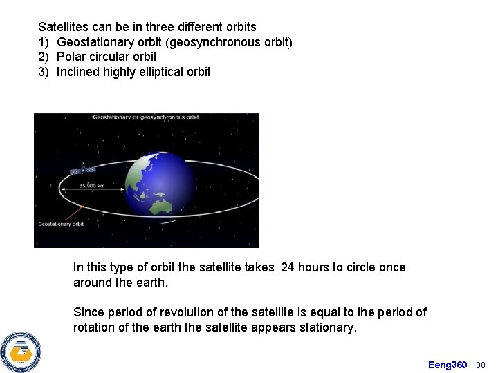 Satellites can be in three different orbits 1) Geostationary orbit (geosynchronous orbit) 2) Polar