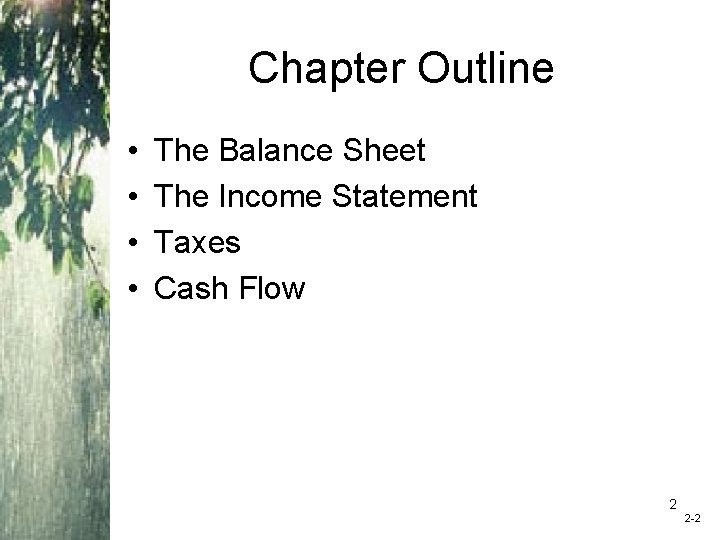 Chapter Outline • • The Balance Sheet The Income Statement Taxes Cash Flow 2