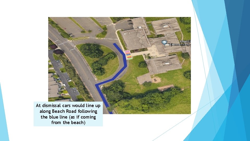 At dismissal cars would line up along Beach Road following the blue line (as