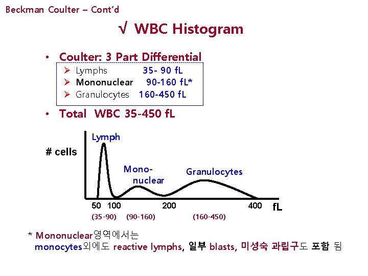 Beckman Coulter – Cont’d √ WBC Histogram • Coulter: 3 Part Differential Ø Lymphs