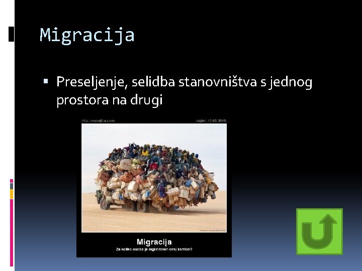 Migracija Preseljenje, selidba stanovništva s jednog prostora na drugi Migracija Preseljenje, selidba stanovništva s jednog prostora na drugi