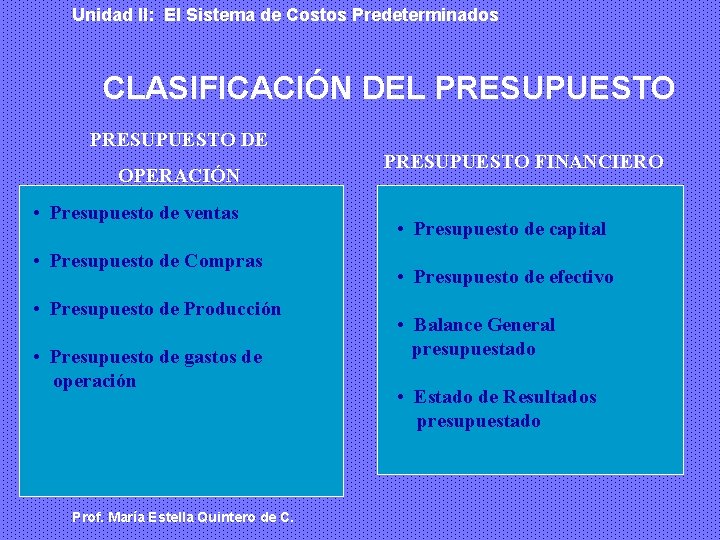 Unidad II: El Sistema de Costos Predeterminados CLASIFICACIÓN DEL PRESUPUESTO DE OPERACIÓN • Presupuesto