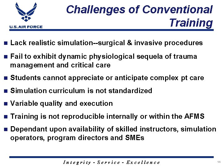 Challenges of Conventional Training n Lack realistic simulation--surgical & invasive procedures n Fail to