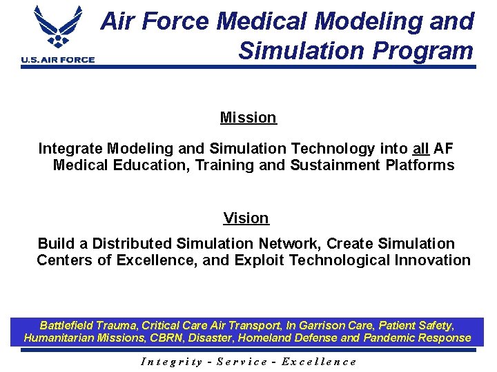 Air Force Medical Modeling and Simulation Program Mission Integrate Modeling and Simulation Technology into