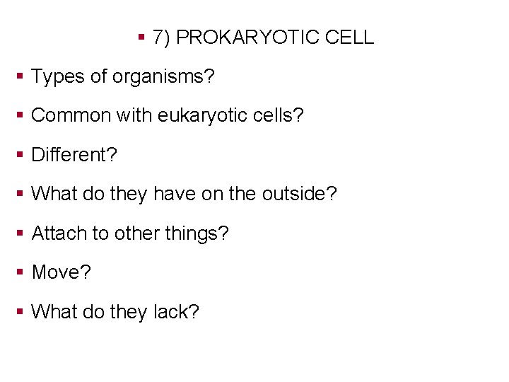 § 7) PROKARYOTIC CELL § Types of organisms? § Common with eukaryotic cells? §