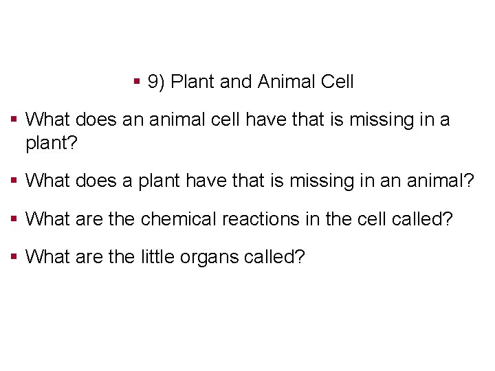 § 9) Plant and Animal Cell § What does an animal cell have that