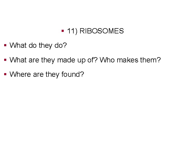 § 11) RIBOSOMES § What do they do? § What are they made up