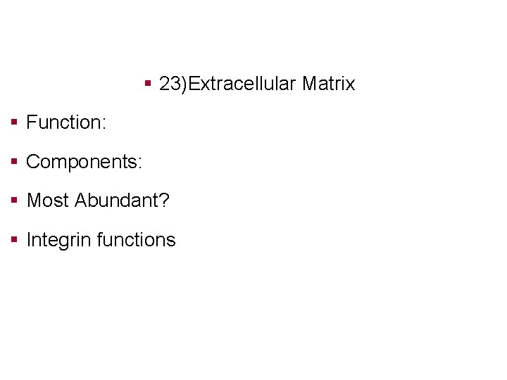 § 23)Extracellular Matrix § Function: § Components: § Most Abundant? § Integrin functions 