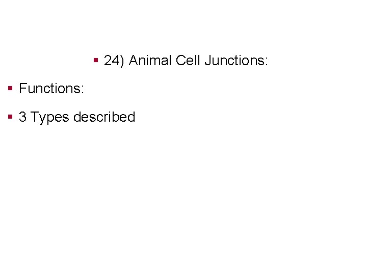 § 24) Animal Cell Junctions: § Functions: § 3 Types described 