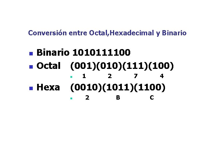 Conversión entre Octal, Hexadecimal y Binario n n Binario 1010111100 Octal (001)(010)(111)(100) n n